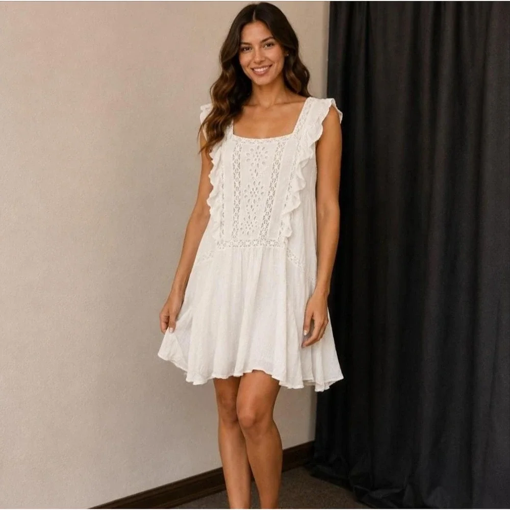 Free People Priscilla Ruffled Crochet Trim Mini Dress Small Boho Square Neck
